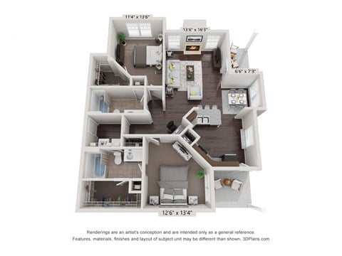 Floor plan for 2 beds, 2 baths, 1284 sqft